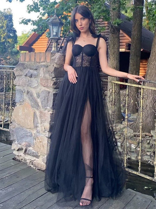 A-line Lace Corset Tulle Long Prom Dresses
