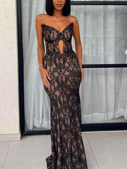 Strapless V-Neck Sleeveless Lace Mermaid Prom Dresses