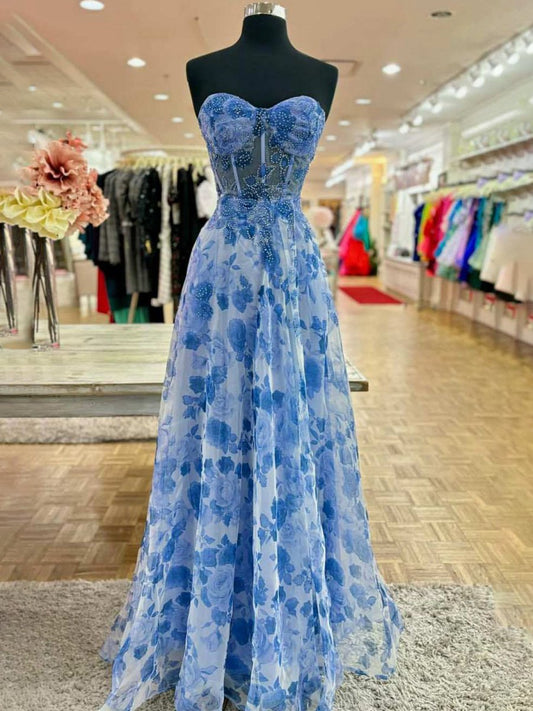Strapless Printing Sweetheart Beads A-line Prom Dresses