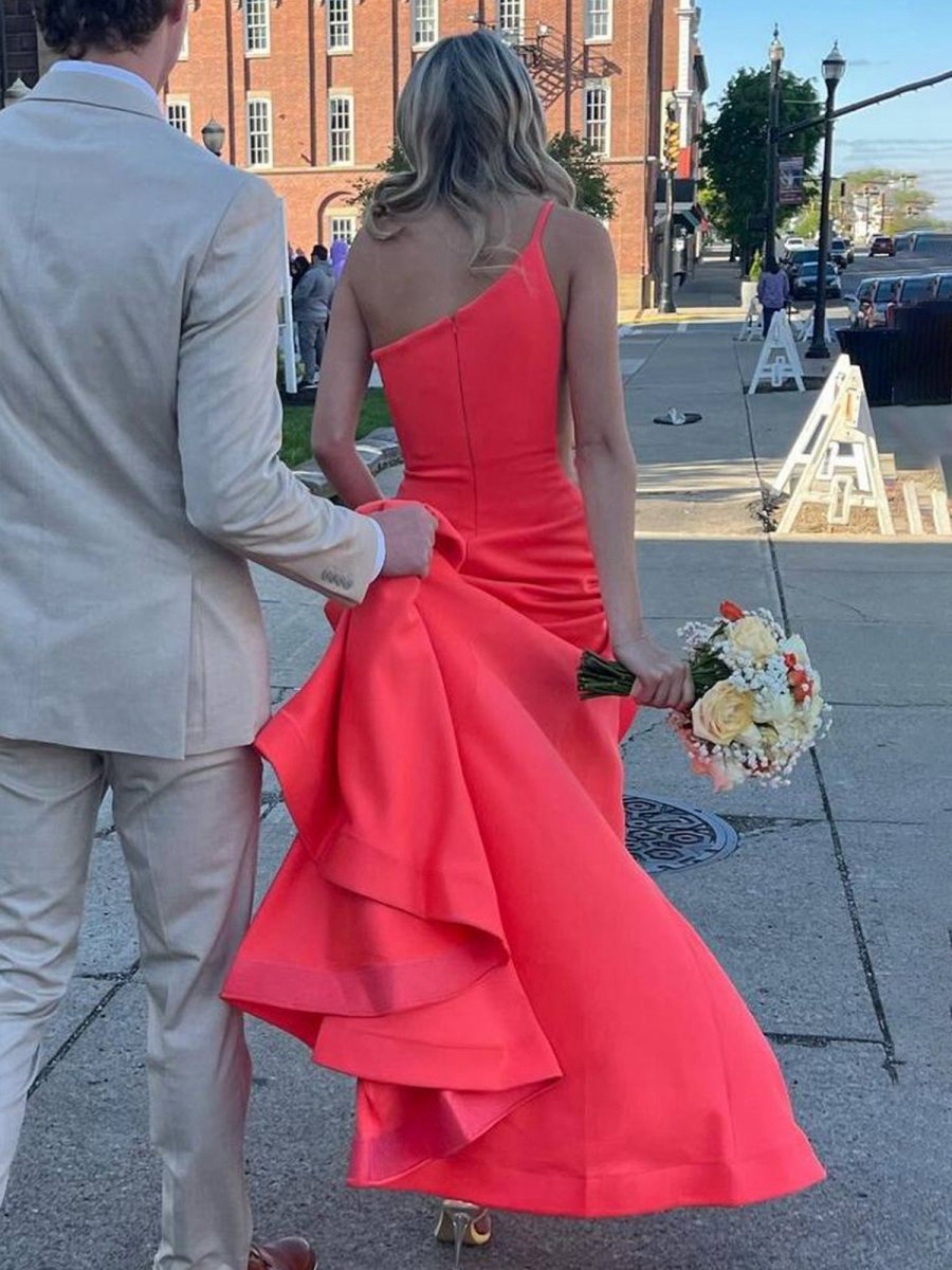 One Shoulder Mermaid Sleeveless Satin Prom Dresses with Train