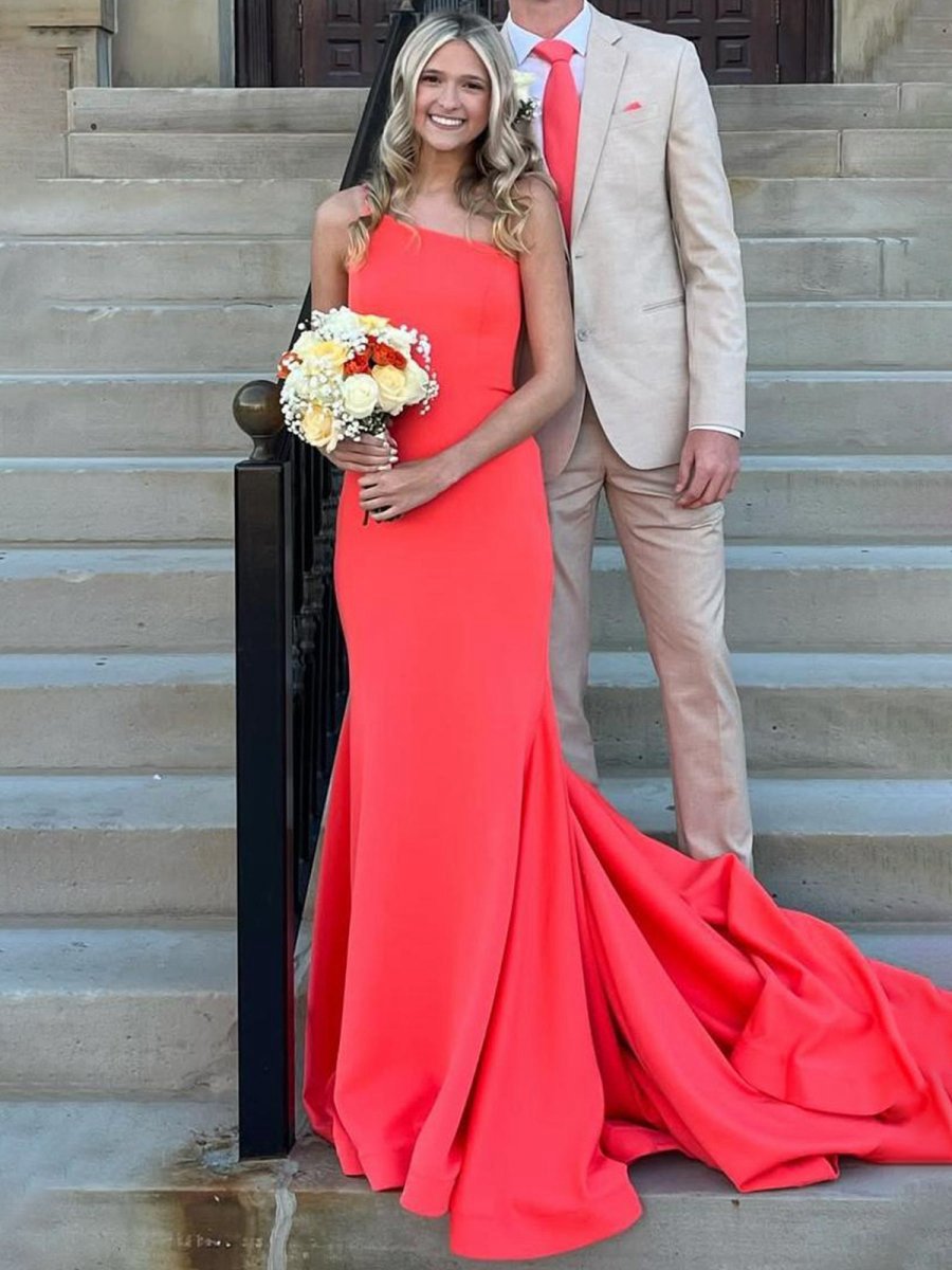 One Shoulder Mermaid Sleeveless Satin Prom Dresses with Train