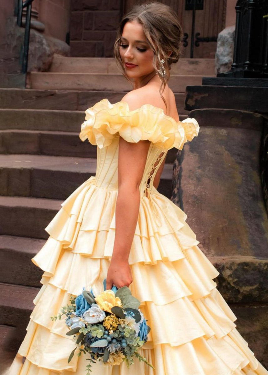 Off-Shoulder Ruched A-line Layered Satin Prom Dresses with Slit