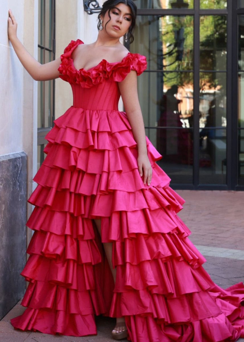 Off-Shoulder Ruched A-line Layered Satin Prom Dresses with Slit