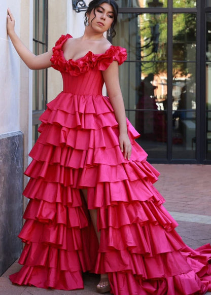 Off-Shoulder Ruched A-line Layered Satin Prom Dresses with Slit