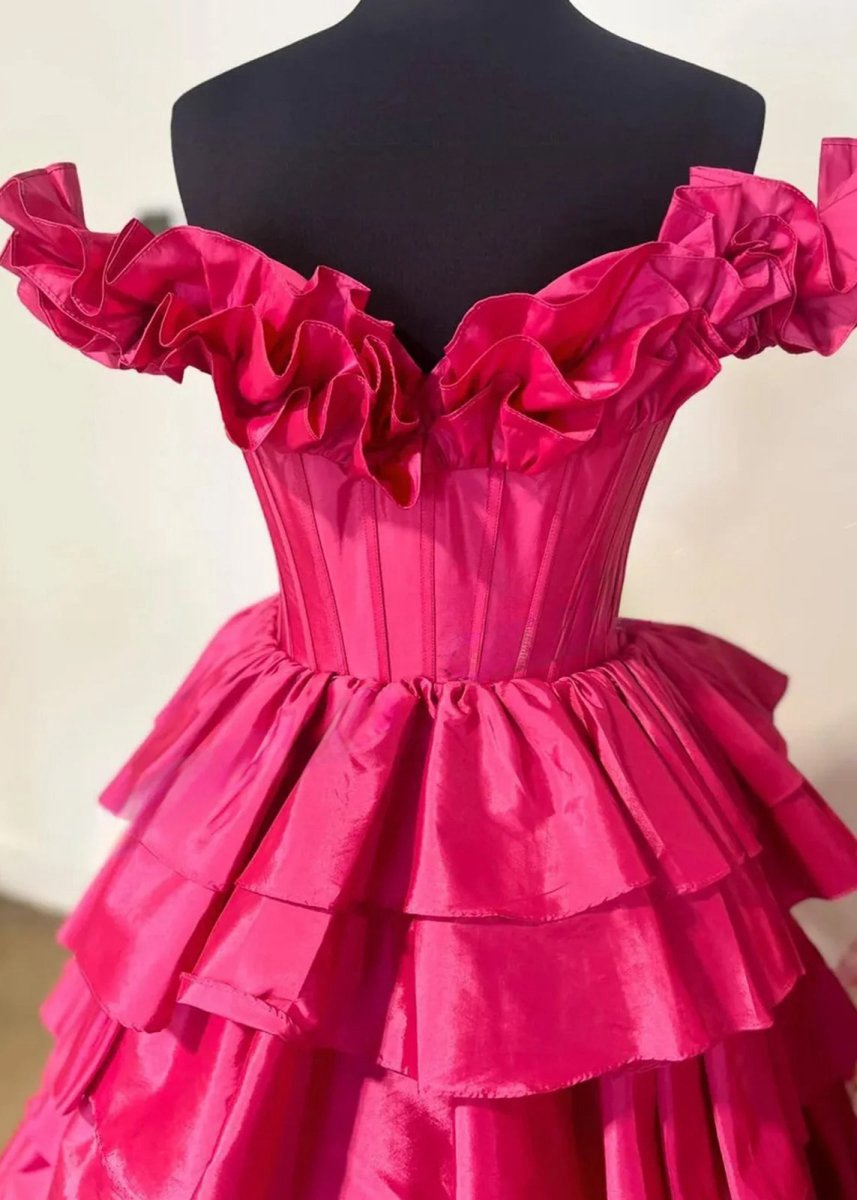 Off-Shoulder Ruched A-line Layered Satin Prom Dresses with Slit
