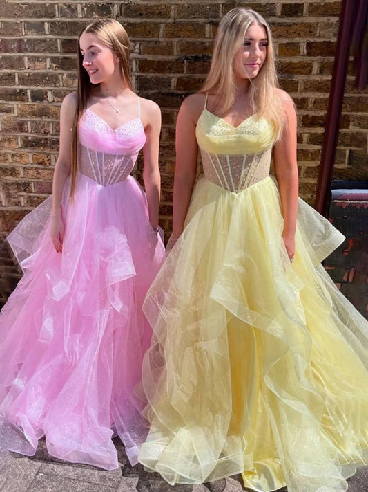 Spaghetti Straps A-line V-Neck Ruffles Tulle Long Prom Dresses