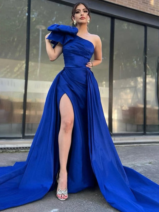 A-line One Shoulder Pleated Satin Long Prom Dresses with Bow