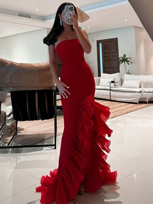 Strapless Ruffles Scoop Neck Mermaid Sleeveless Long Prom Dresses