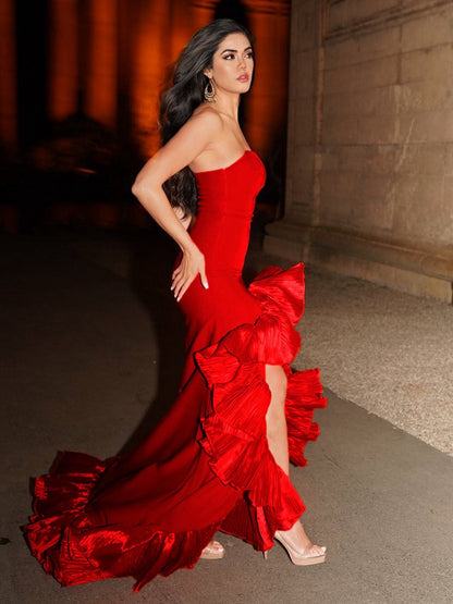 Strapless Ruffles Scoop Neck Mermaid Sleeveless Long Prom Dresses