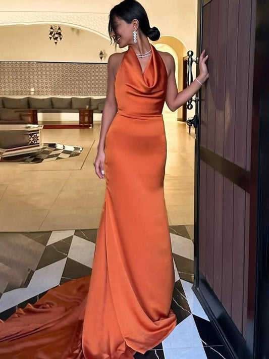 Halter Sleeveless Satin Pleated Mermaid Prom Dresses with Train