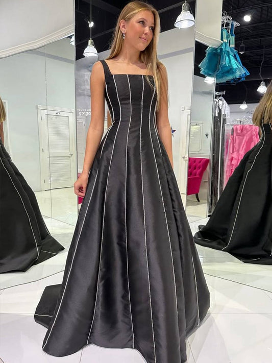 A-line Straps Square Beads Pleated Long Prom Dresses