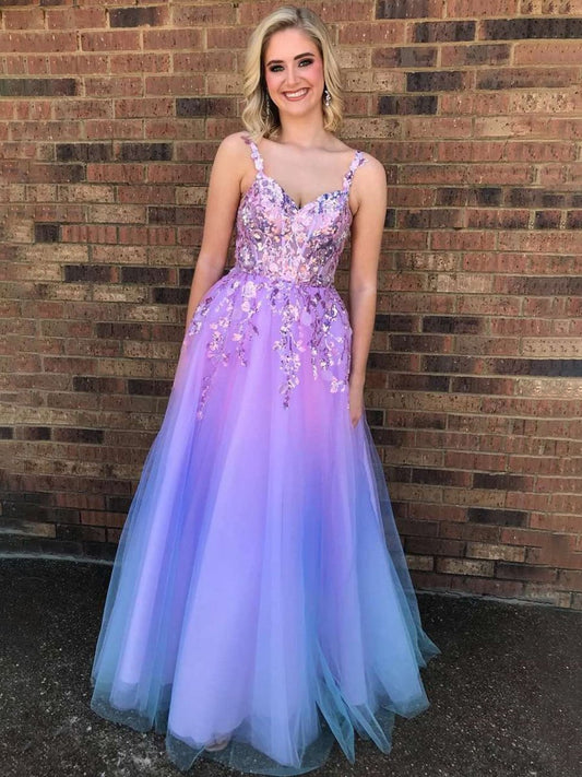 A-line Straps Appliques Empire-Waist Sleeveless Tulle Prom Dresses
