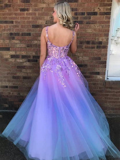 A-line Straps Appliques Empire-Waist Sleeveless Tulle Prom Dresses