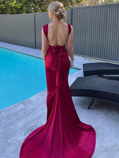 Mermaid Straps Satin Pleated Long Prom Dresses with Train