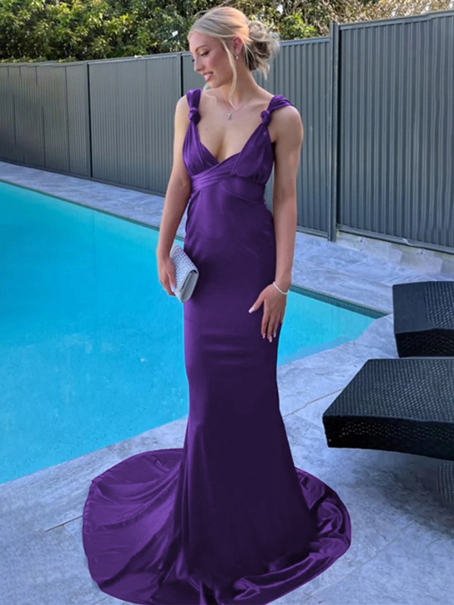 Mermaid Straps Satin Pleated Long Prom Dresses with Train