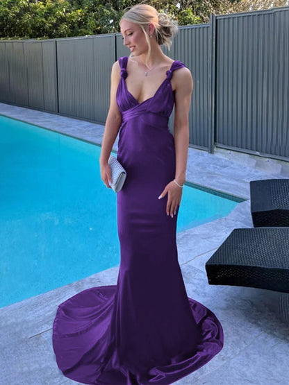 Mermaid Straps Satin Pleated Long Prom Dresses with Train