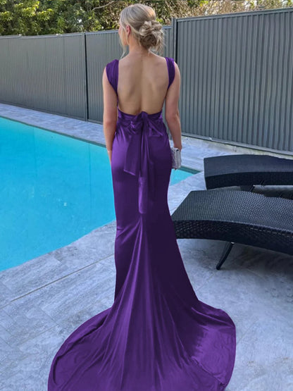 Mermaid Straps Satin Pleated Long Prom Dresses with Train
