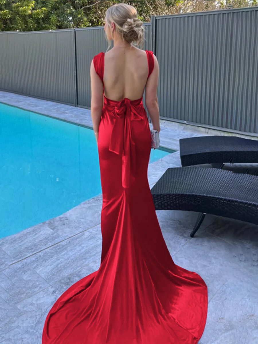 Mermaid Straps Satin Pleated Long Prom Dresses with Train