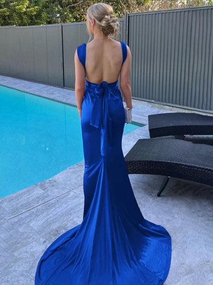 Mermaid Straps Satin Pleated Long Prom Dresses with Train