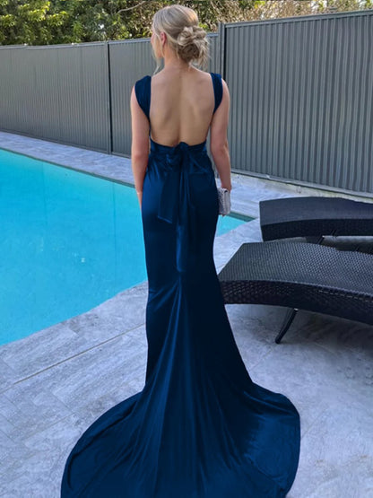 Mermaid Straps Satin Pleated Long Prom Dresses with Train