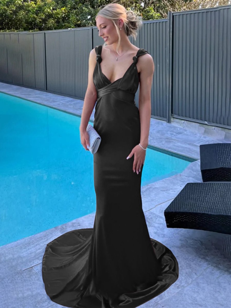 Mermaid Straps Satin Pleated Long Prom Dresses with Train