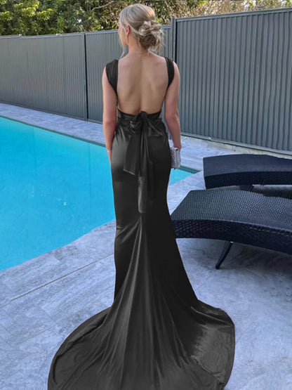 Mermaid Straps Satin Pleated Long Prom Dresses with Train