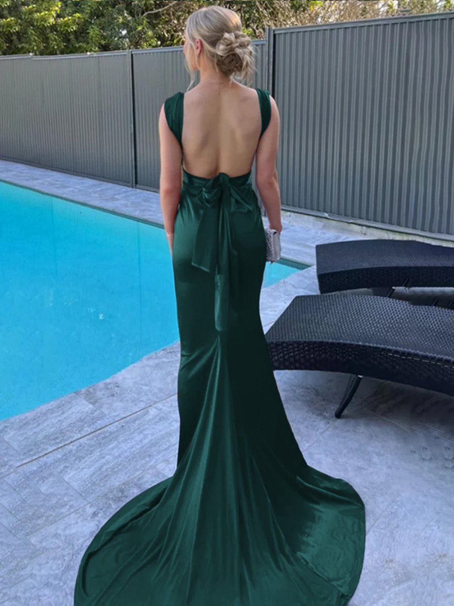 Mermaid Straps Satin Pleated Long Prom Dresses with Train