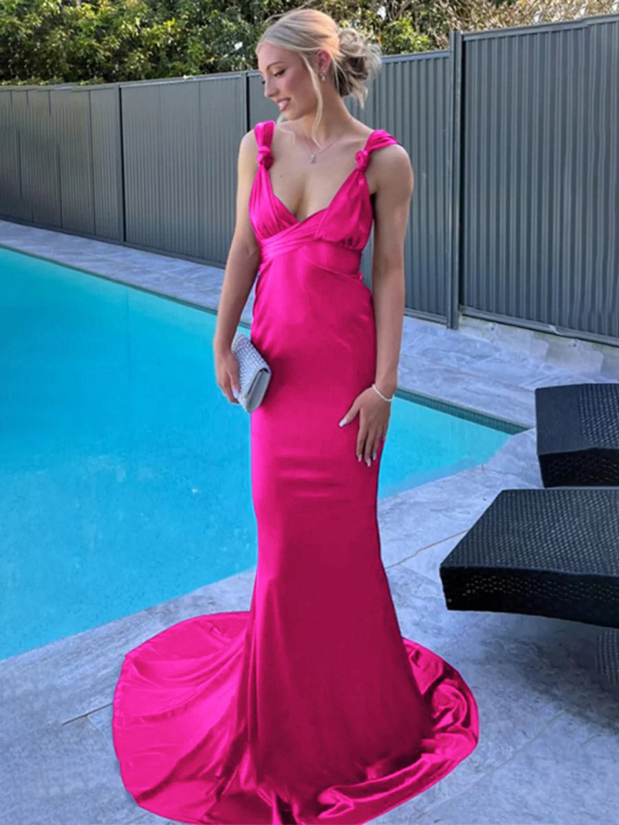 Mermaid Straps Satin Pleated Long Prom Dresses with Train