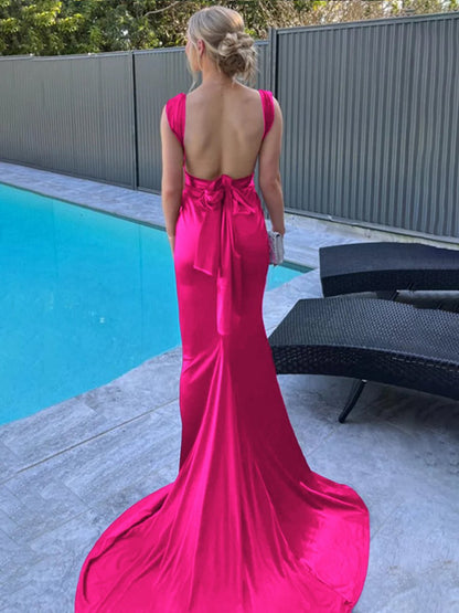 Mermaid Straps Satin Pleated Long Prom Dresses with Train