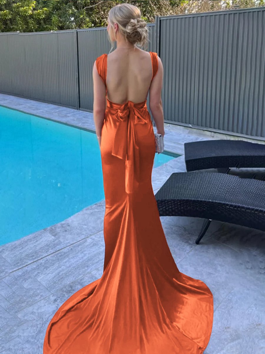 Mermaid Straps Satin Pleated Long Prom Dresses with Train