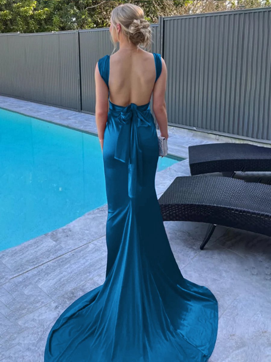 Mermaid Straps Satin Pleated Long Prom Dresses with Train