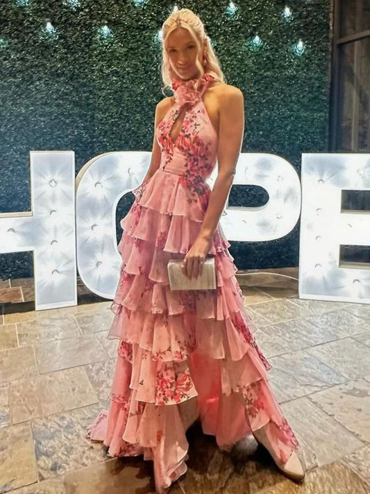 A-line Hatler Floral Chiffon Tie Long Prom Dresses