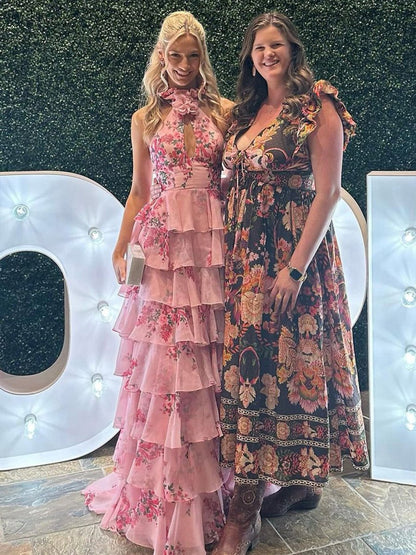 A-line Hatler Floral Chiffon Tie Long Prom Dresses