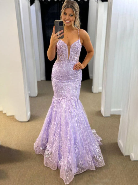 Mermaid V Neck Lace Tulle Long Prom Dresses