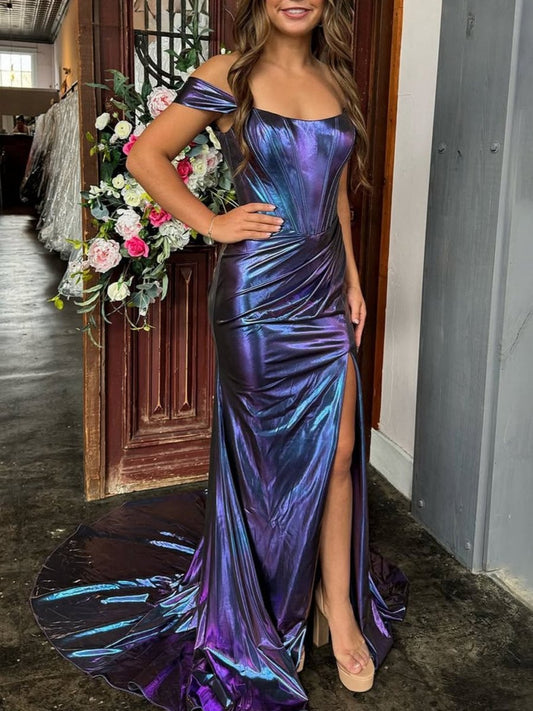 Mermaid Off the Shoulder Metallic Long Prom Dresses