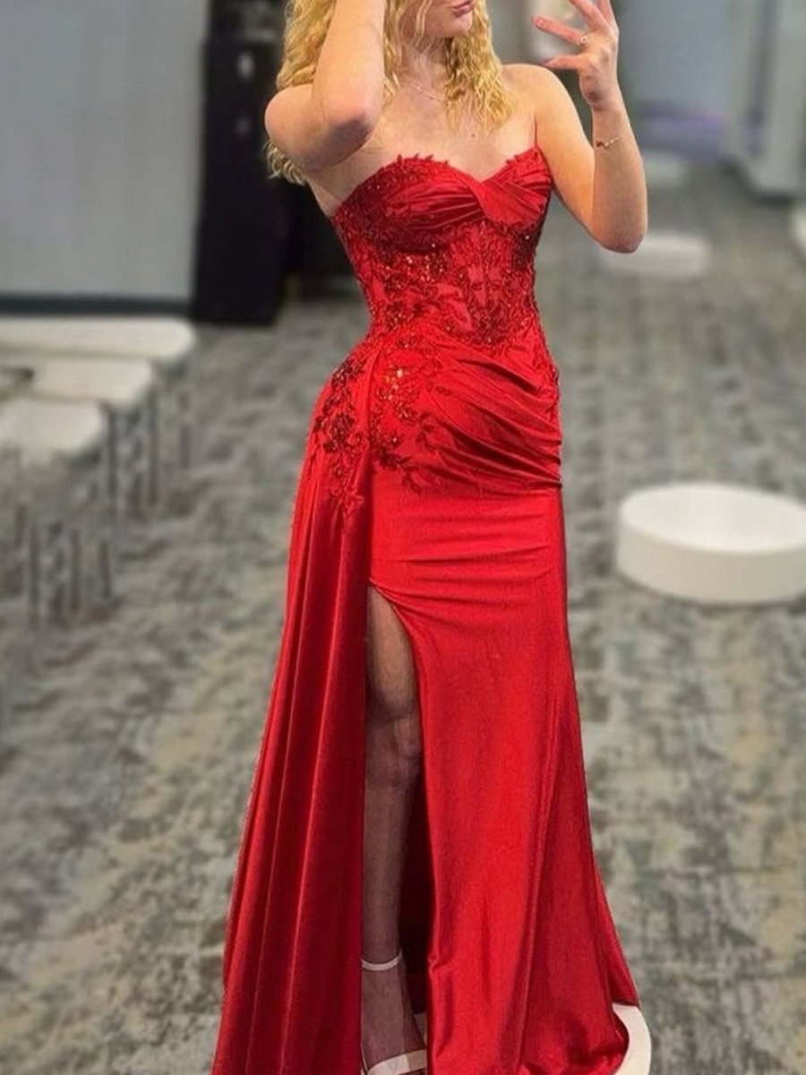 Mermaid Sweetheart Slit Long Prom Dresses with Appliques