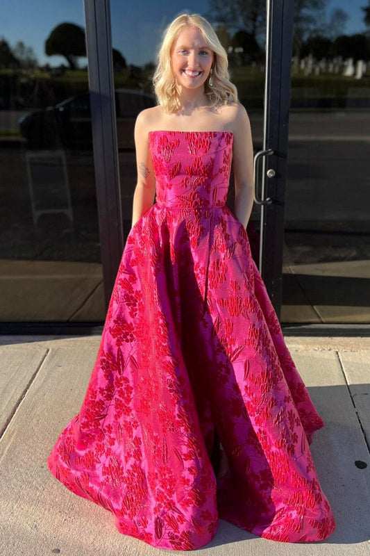 Cute A-line Strapless Jacquard Satin Prom Dresses