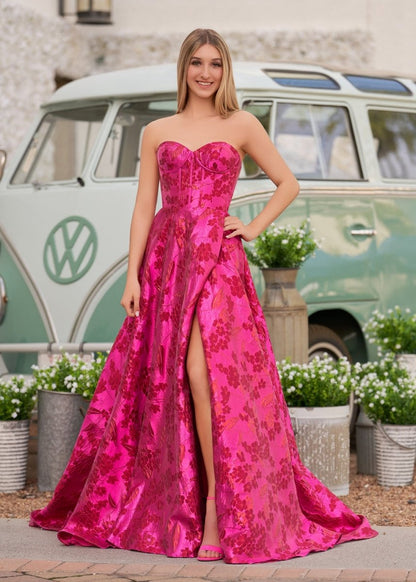 Cute A-line Strapless Jacquard Satin Prom Dresses