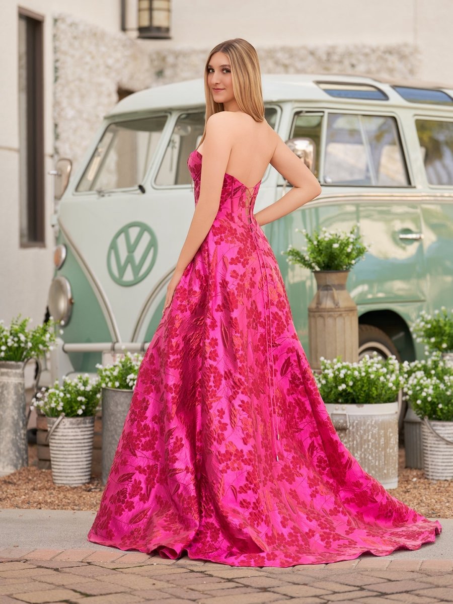 Cute A-line Strapless Jacquard Satin Prom Dresses