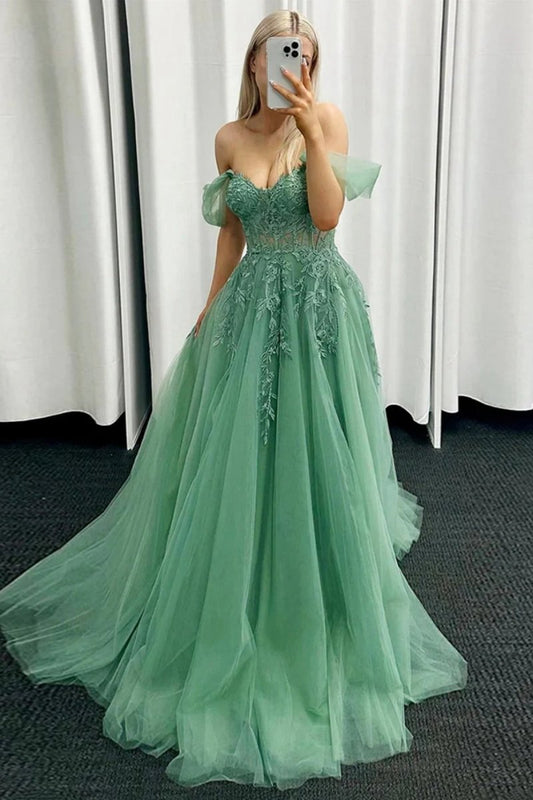 Off the Shoulder Mint Tulle Lace Prom Dresses with Appliques