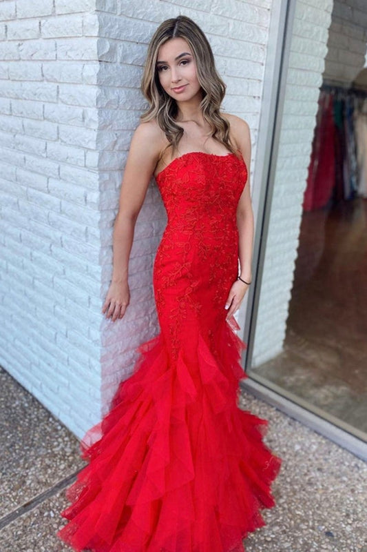 Strapless Mermaid Lace Long Prom Dresses with Ruffles