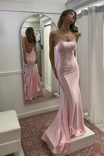 Cute Mermaid Scoop Neck Satin Long Prom Dresses
