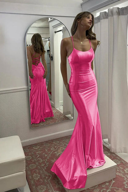 Cute Mermaid Scoop Neck Satin Long Prom Dresses