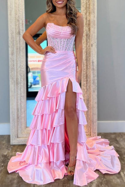Charming Mermaid Strapless Satin Long Prom Dresses with Appliques