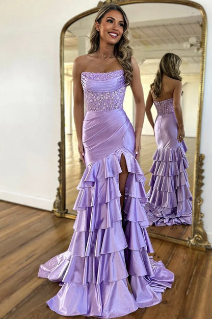 Charming Mermaid Strapless Satin Long Prom Dresses with Appliques