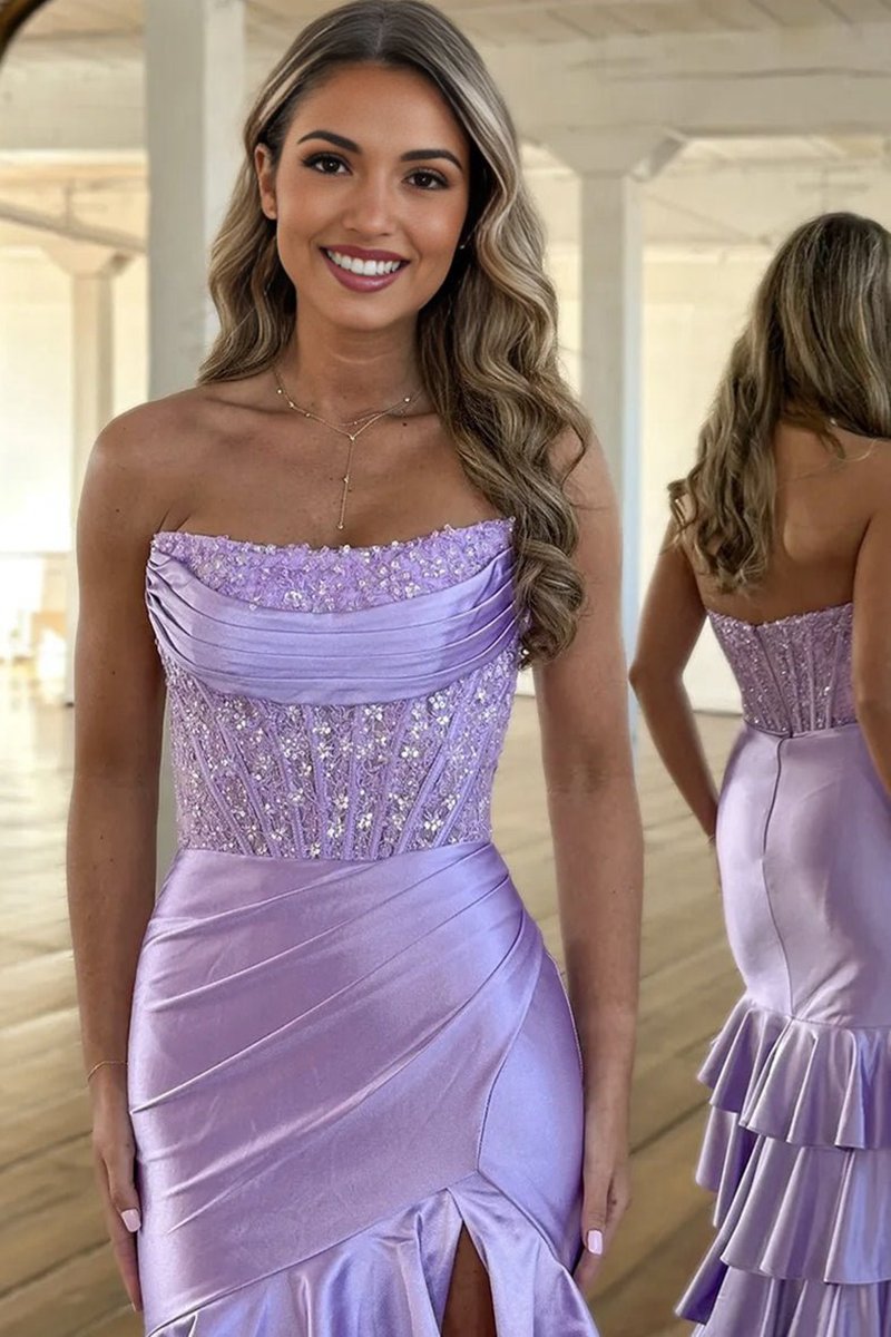 Charming Mermaid Strapless Satin Long Prom Dresses with Appliques