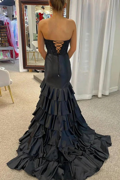 Charming Mermaid Strapless Satin Long Prom Dresses with Appliques