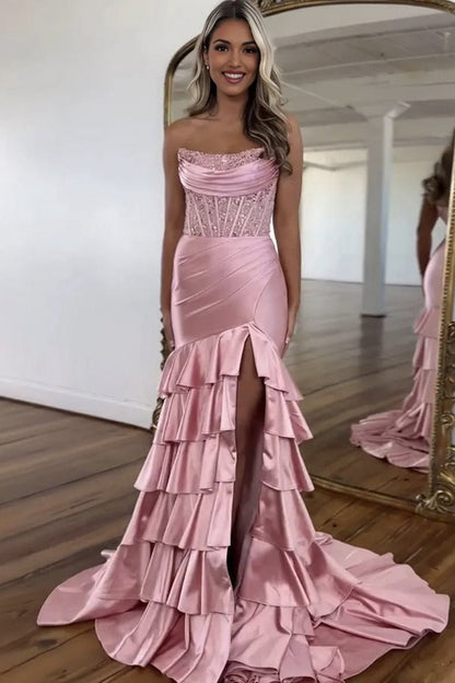 Charming Mermaid Strapless Satin Long Prom Dresses with Appliques