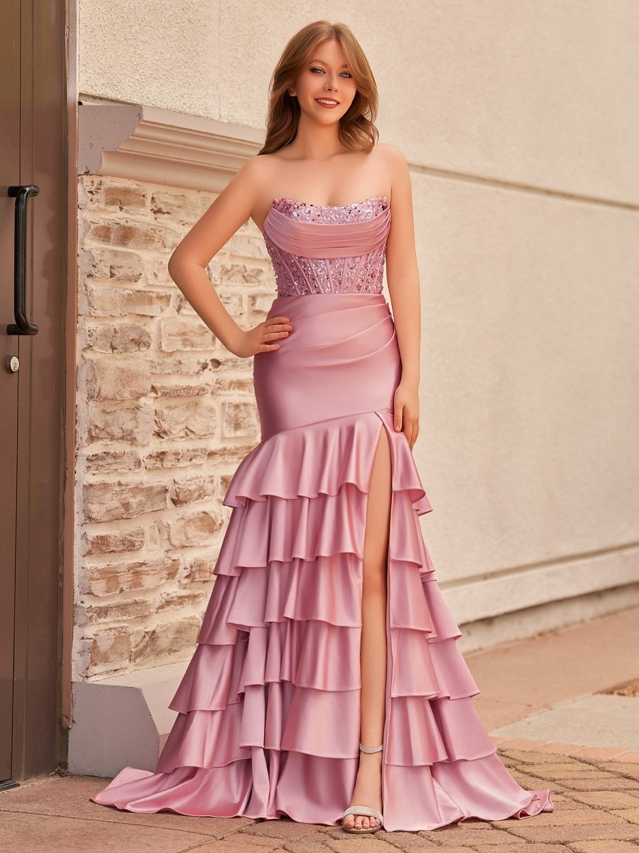 Charming Mermaid Strapless Satin Long Prom Dresses with Appliques