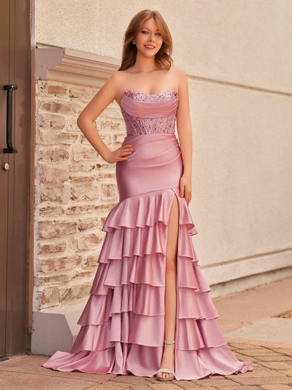 Charming Mermaid Strapless Satin Long Prom Dresses with Appliques